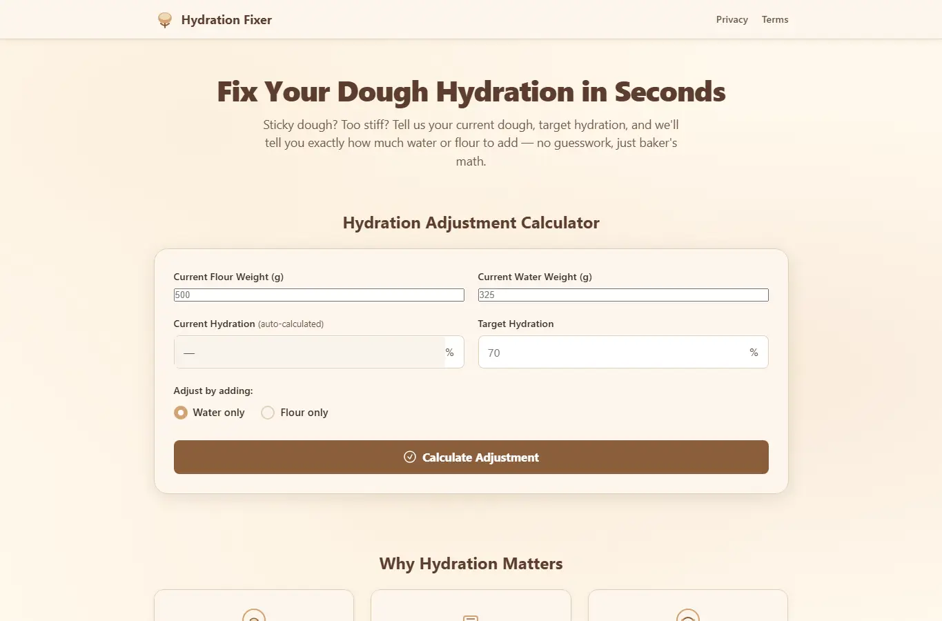 Screenshot of Bread Dough Hydration Fixer interface showing the project page in use
